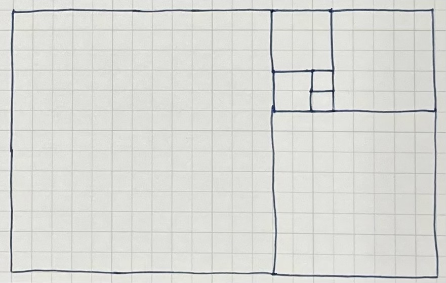 An illustration of the golden rectangle formed from seven squares whose side lengths correspond to the first seven numbers in the Fibonacci sequence